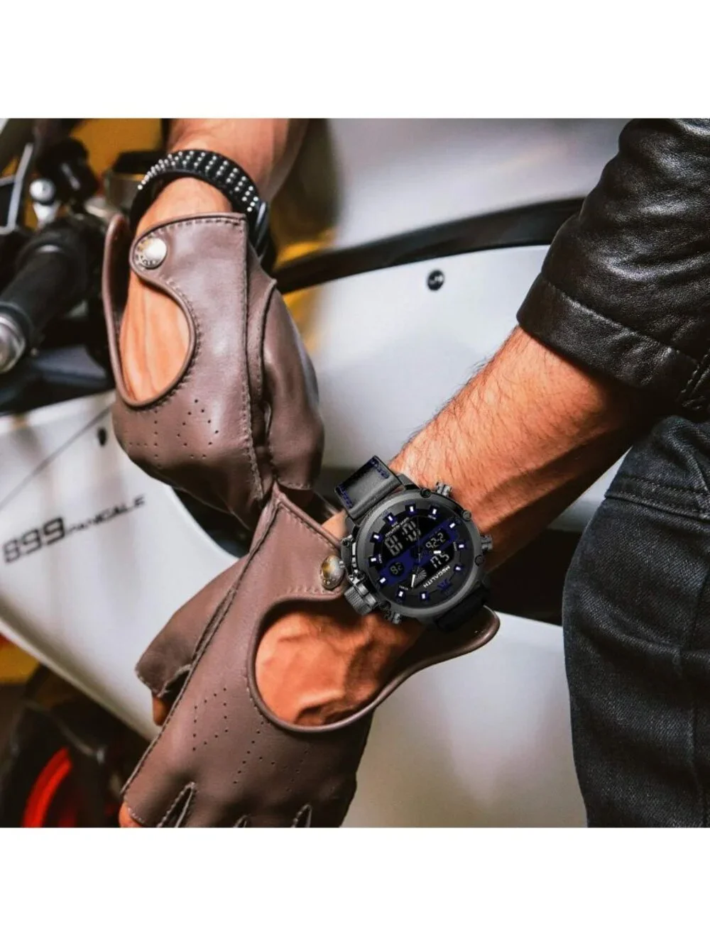 Men's Black And Blue Analog Leather Strap Waterproof Multifunction Digital Watch